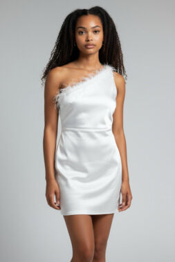 Altar'd State White One Shoulder Feather Trim Mini Dress Size L Snow Fairy